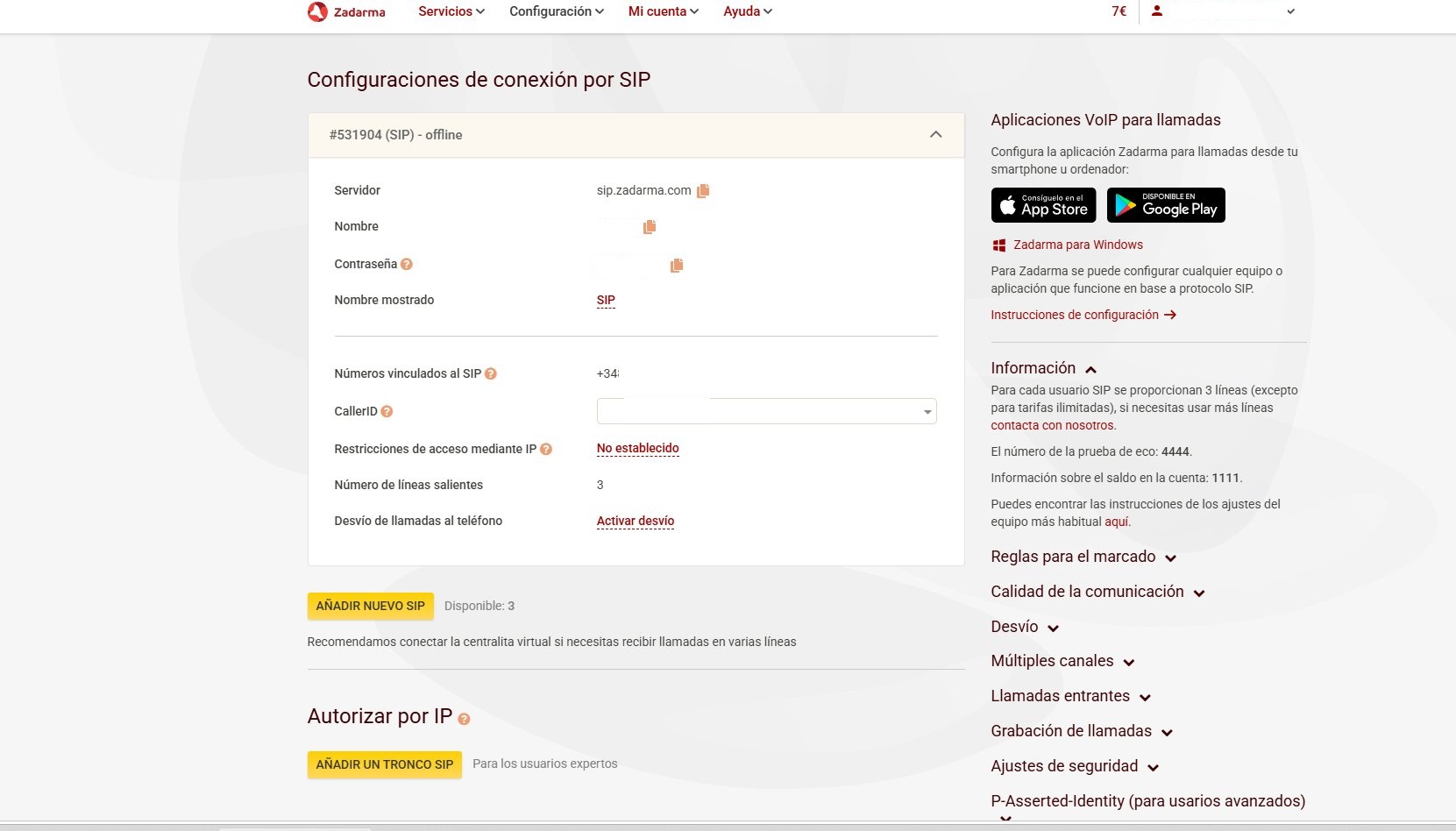 Panel de configuración SIP en Zadarma