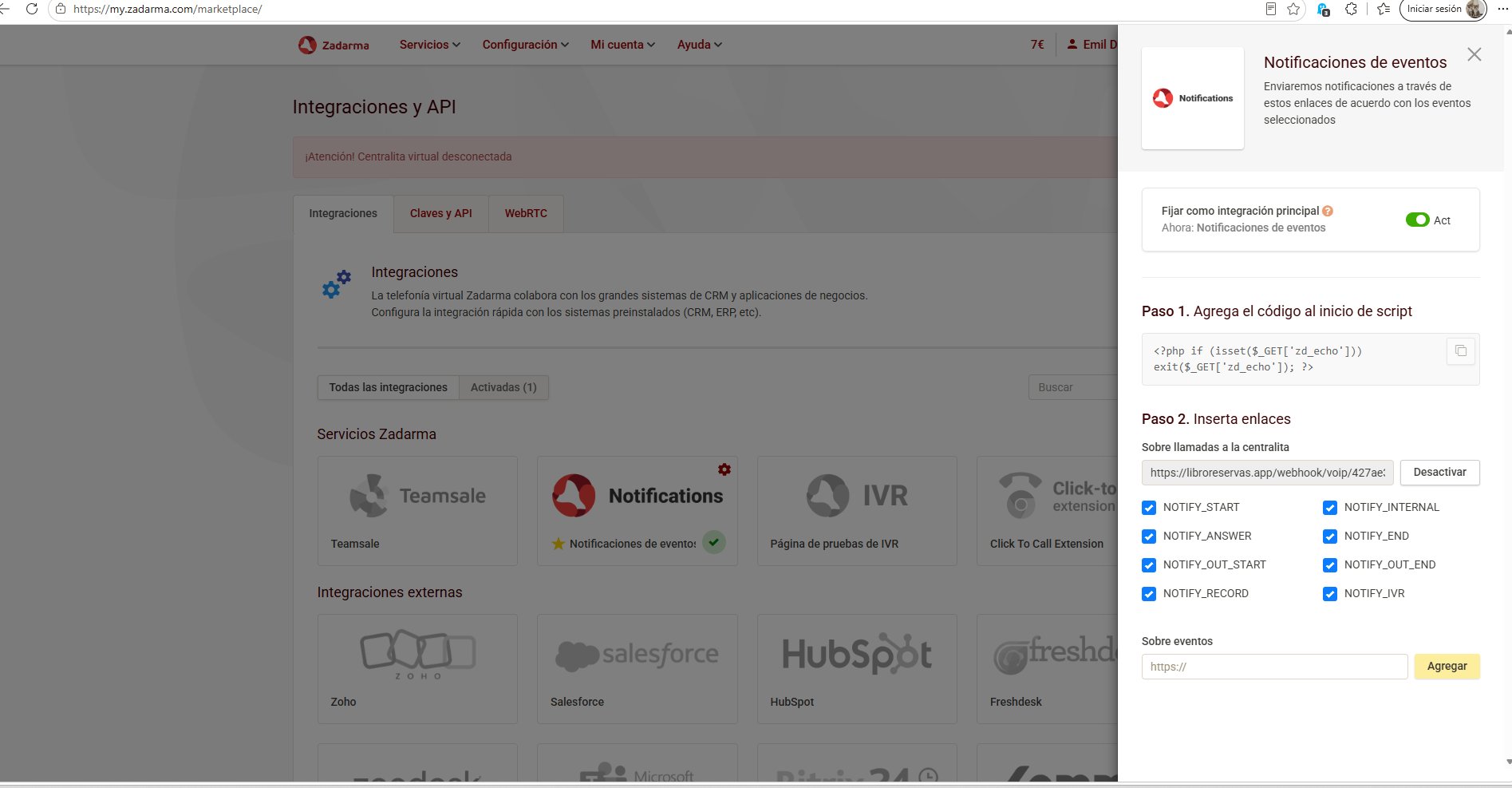 Pantalla de Integraciones y API, sección Notifications
