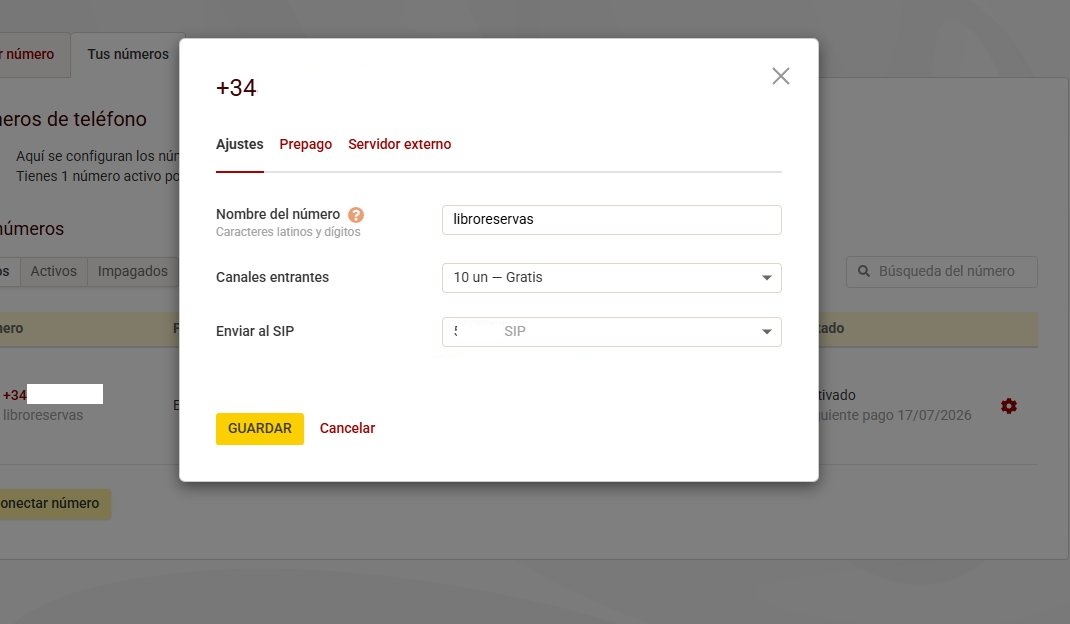 Configuración del número: enviar al SIP