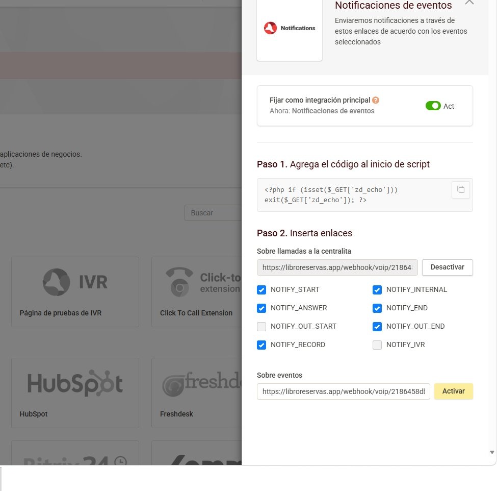 URL del webhook correctamente pegada en Sobre llamadas a la centralita