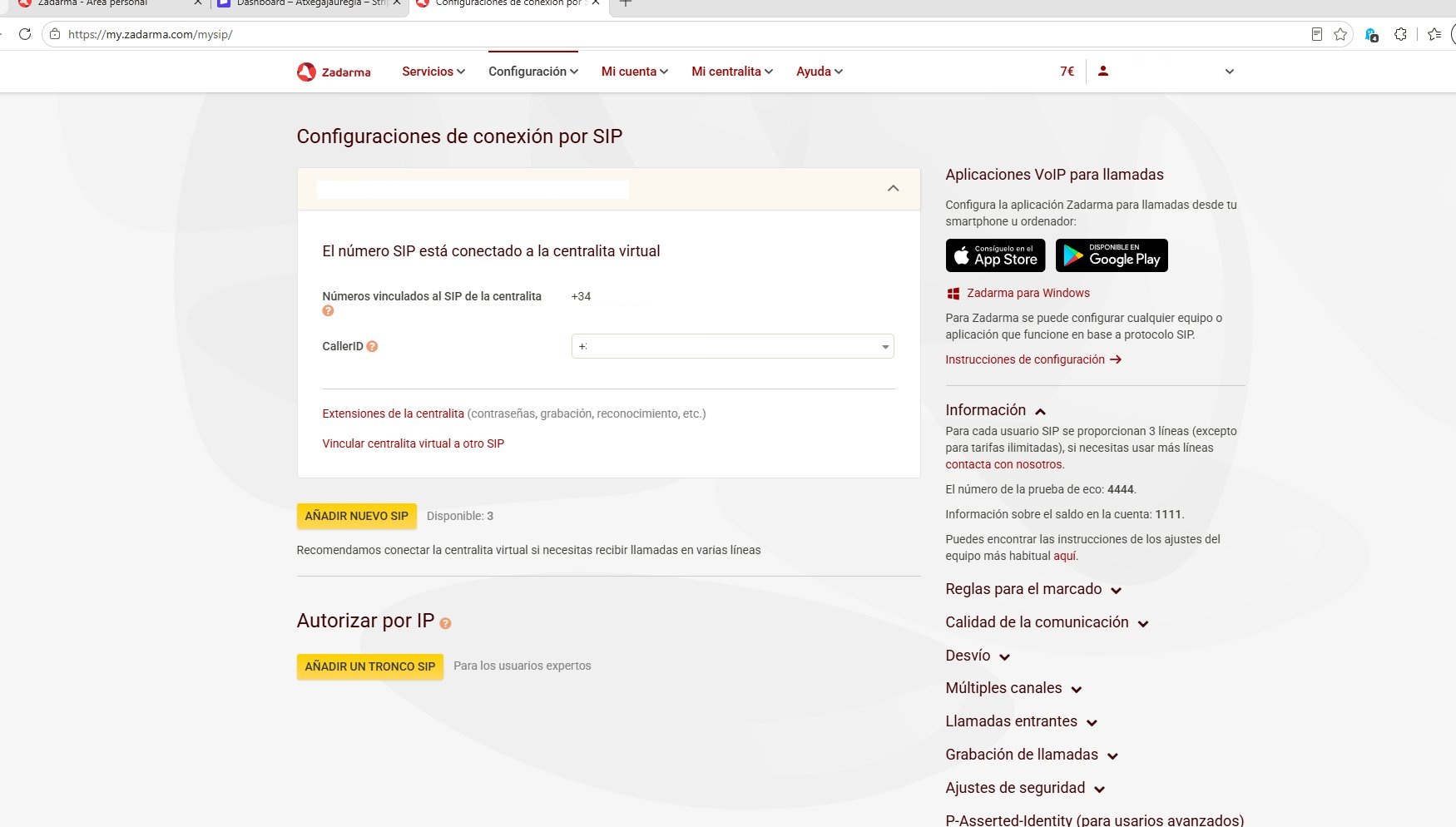 SIP conectado correctamente a la centralita virtual